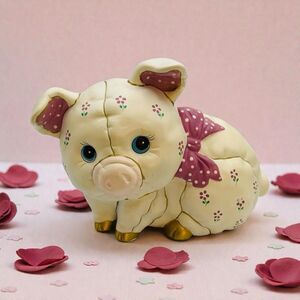 Lefton Piggy Bank Quilt Floral Design Beige Red Gold Feet 6in